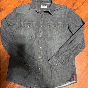 Wrangler shirt men's L Gray Denim long sleeve Black Pearl snap Casual Western